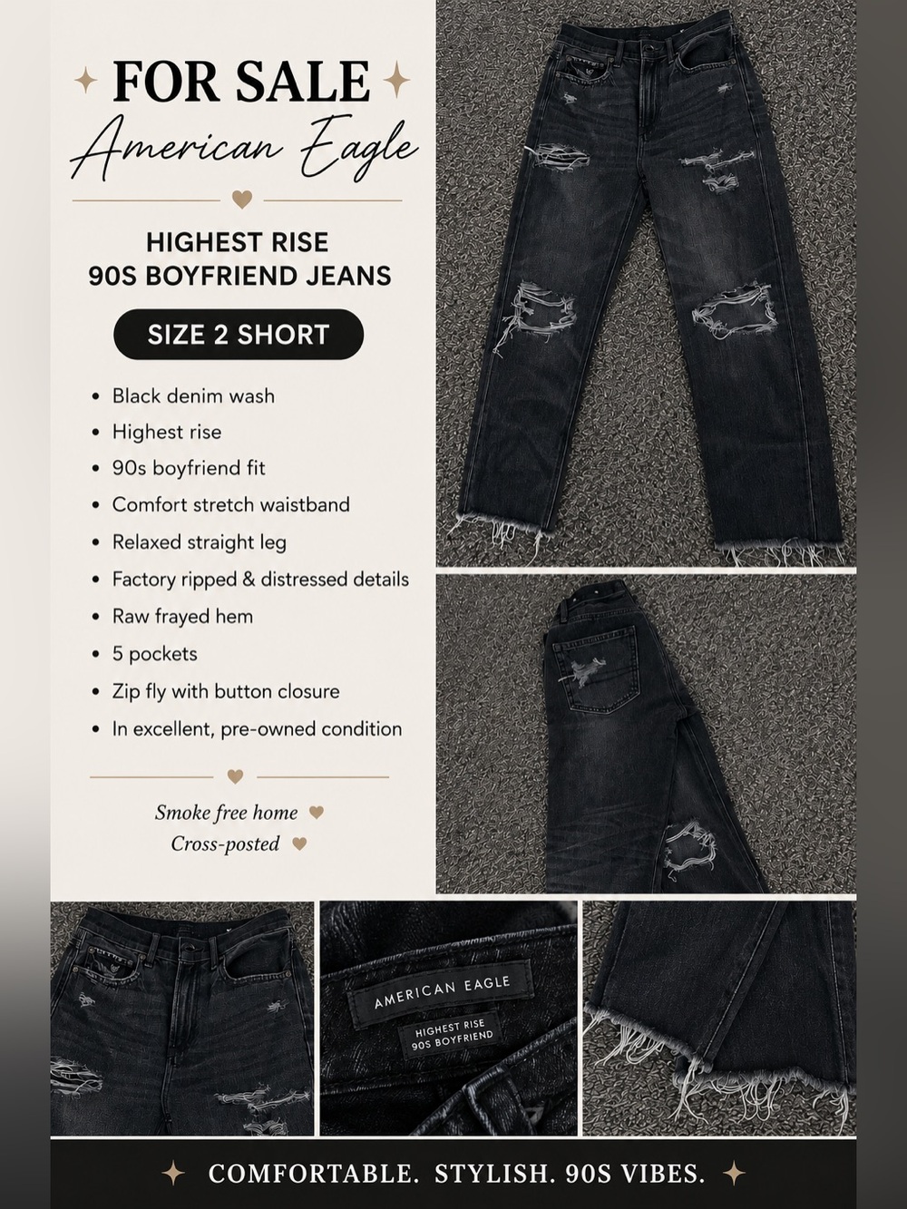 American Eagle Outfitters Black Distressed Relaxed Boyfriend Jeans